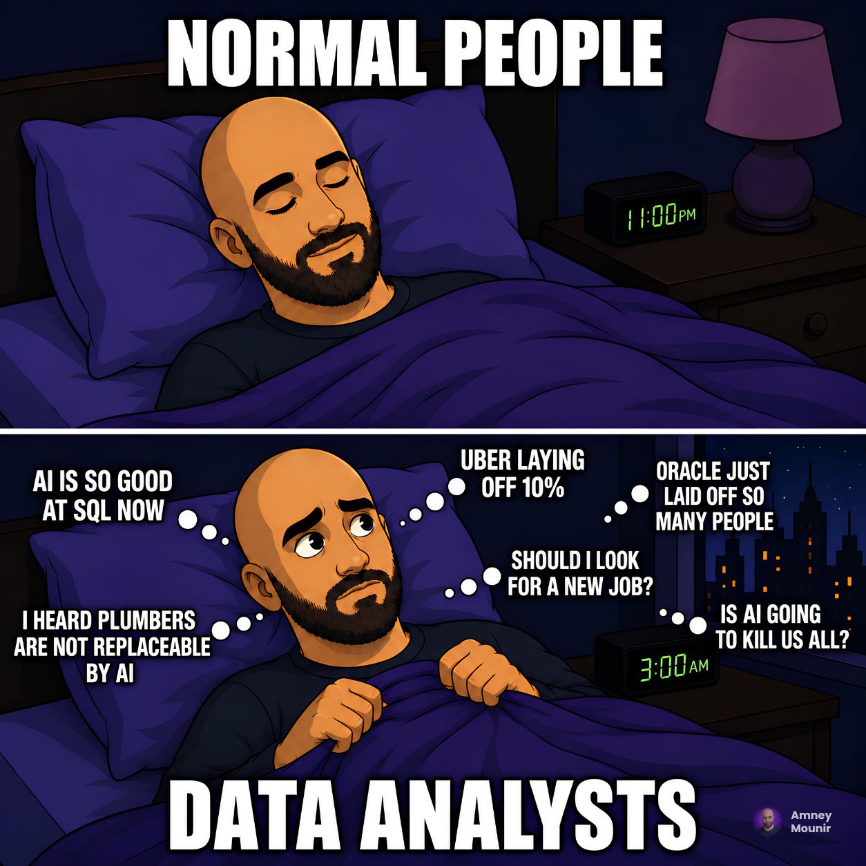 LinkedIn post image: Data Analysts are not sleeping peacefully right now 😭
